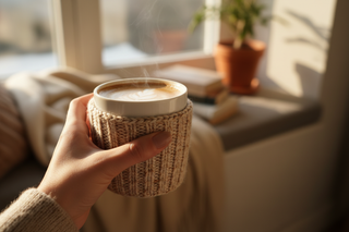 close up of cup of coffee in a female's hand